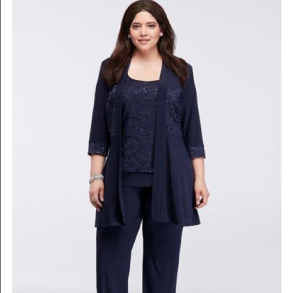 mock two piece lace and jersey pant suit